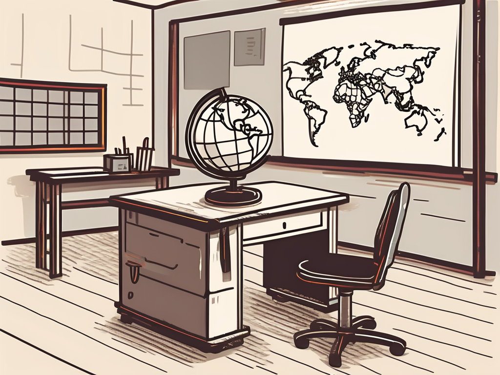 A classroom setting with a globe