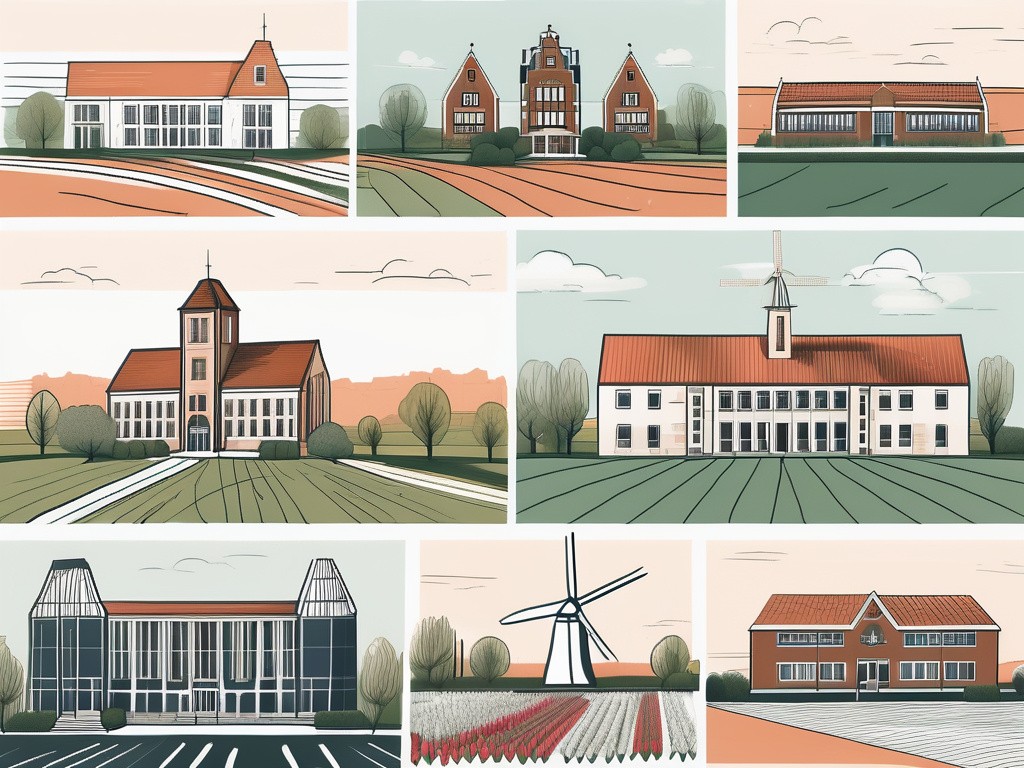 Five different school buildings representing various architectural styles from around the world