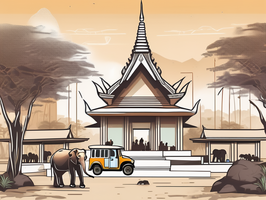 A classroom in bangkok with iconic thai elements like a tuk-tuk and temples in the background