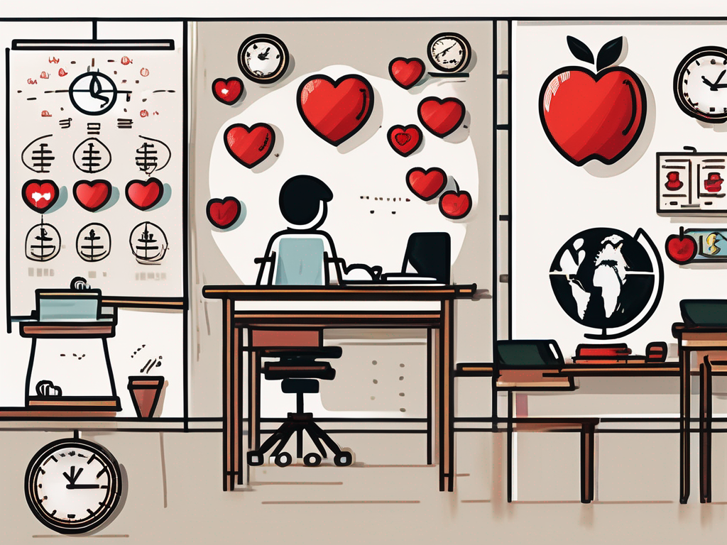 A classroom setting in china with symbols representing various factors such as a globe (international influence)