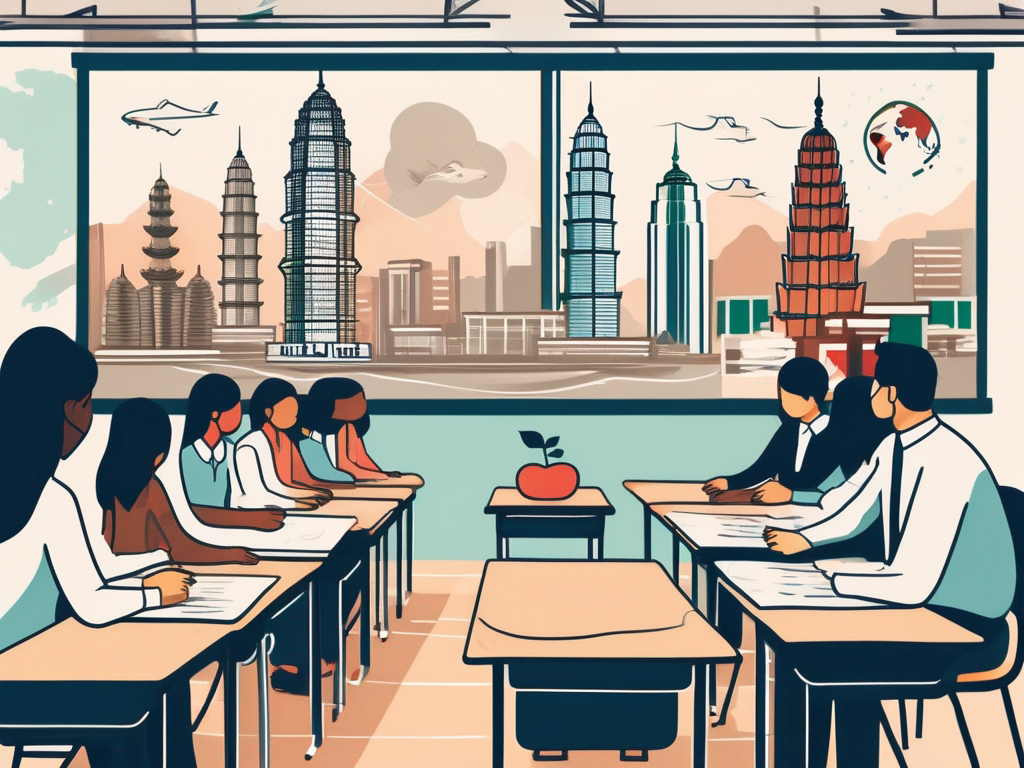 A classroom with various cultural symbols from around the world