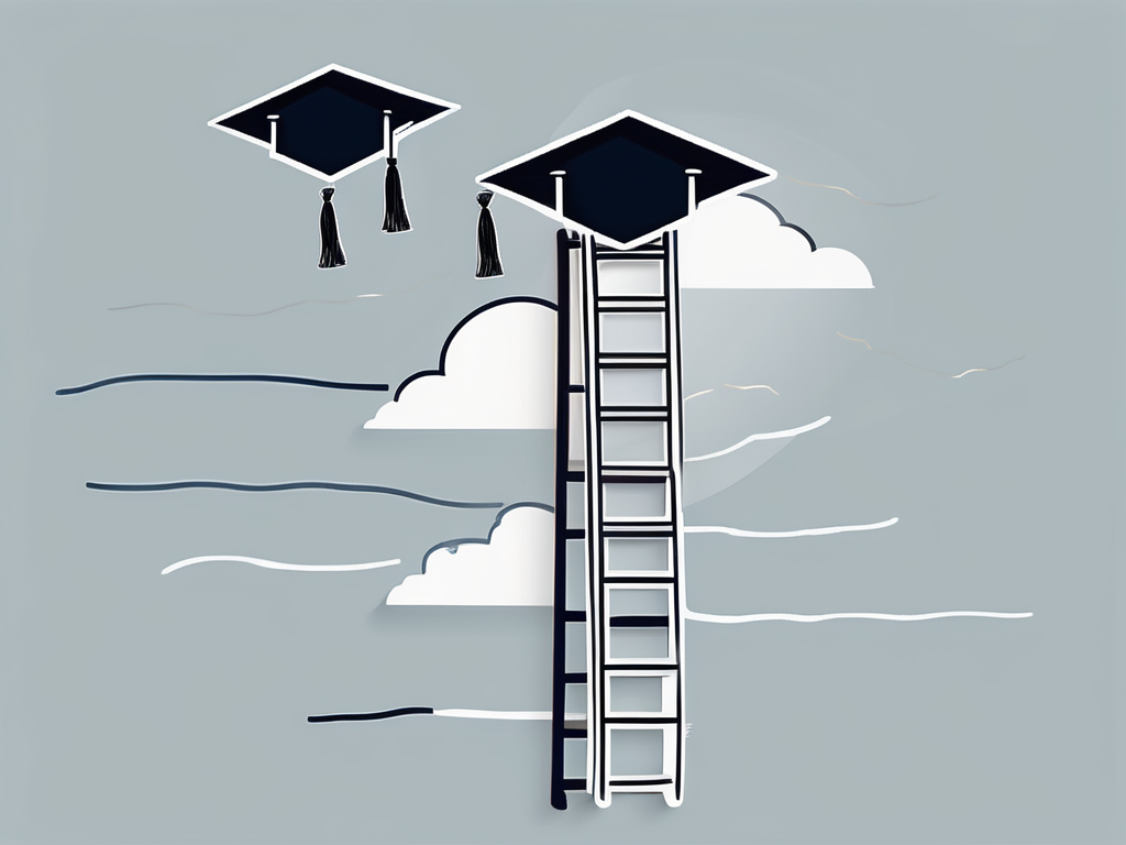 A ladder reaching towards a graduation cap floating in the sky
