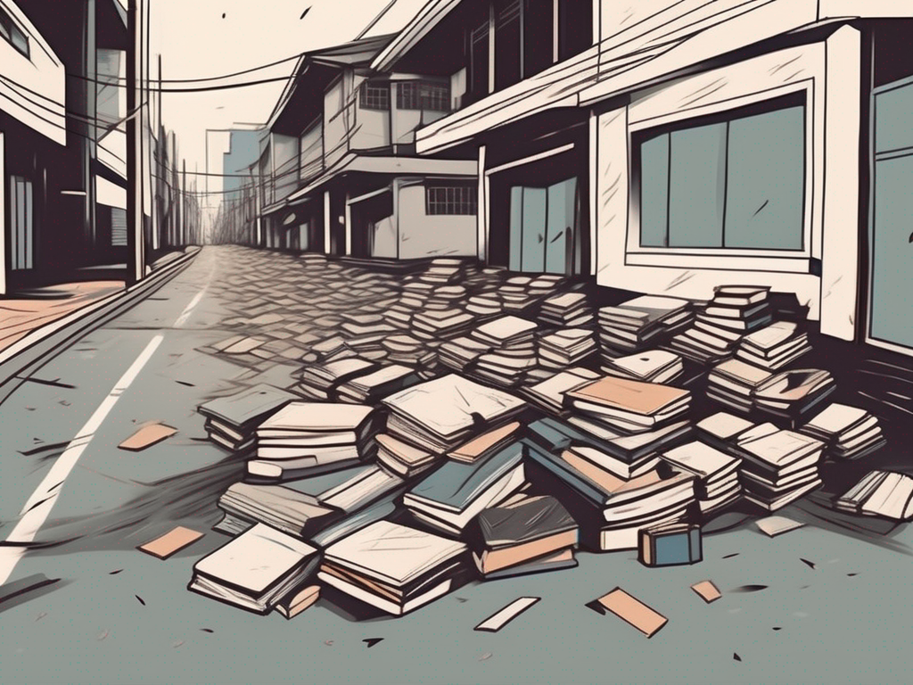 A dimly lit street in bangkok with scattered books and broken school desks