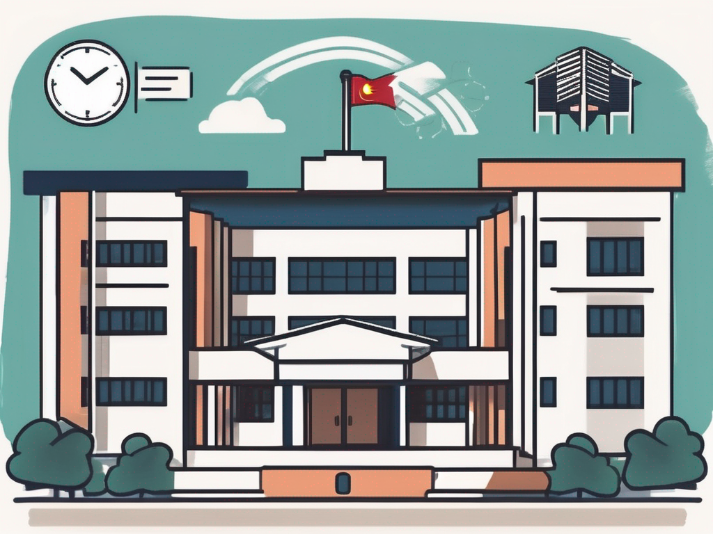 A school building with five symbolic icons representing communication