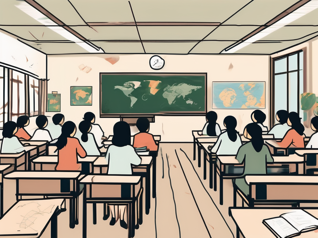 A classroom setting with various symbols representing cultural differences