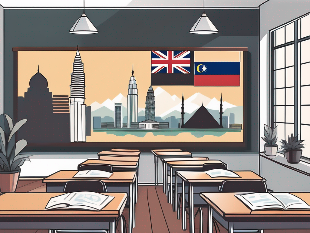 A classroom with international flags