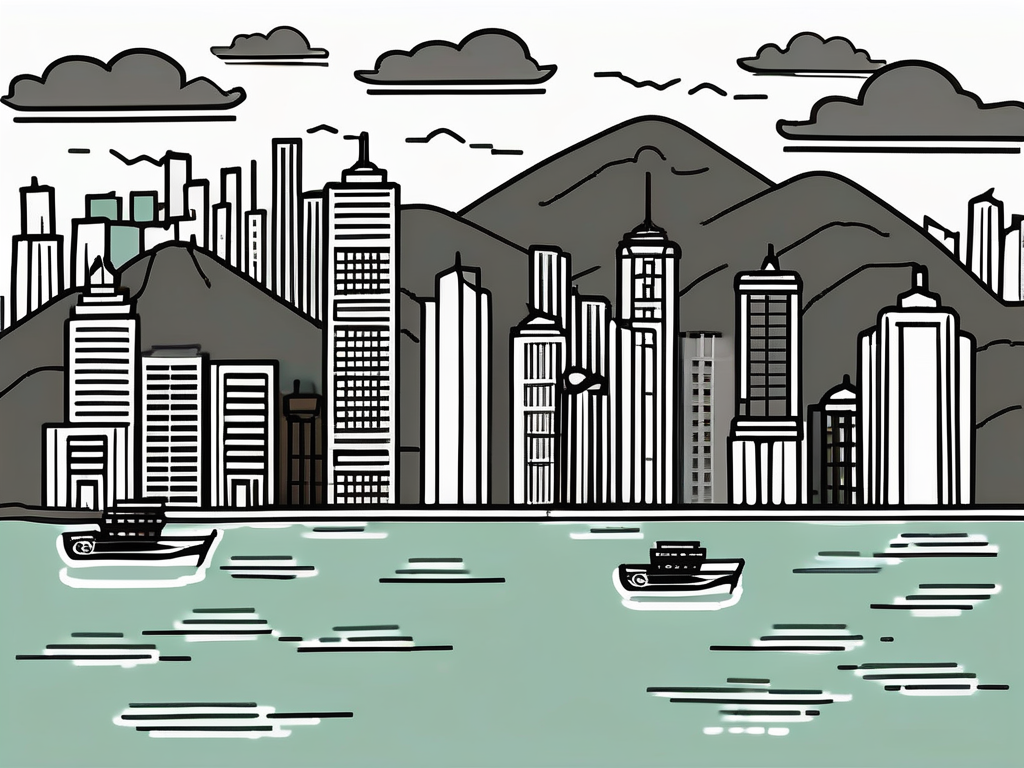 A symbolic representation of hong kong's skyline with six prominent barriers such as a locked gate
