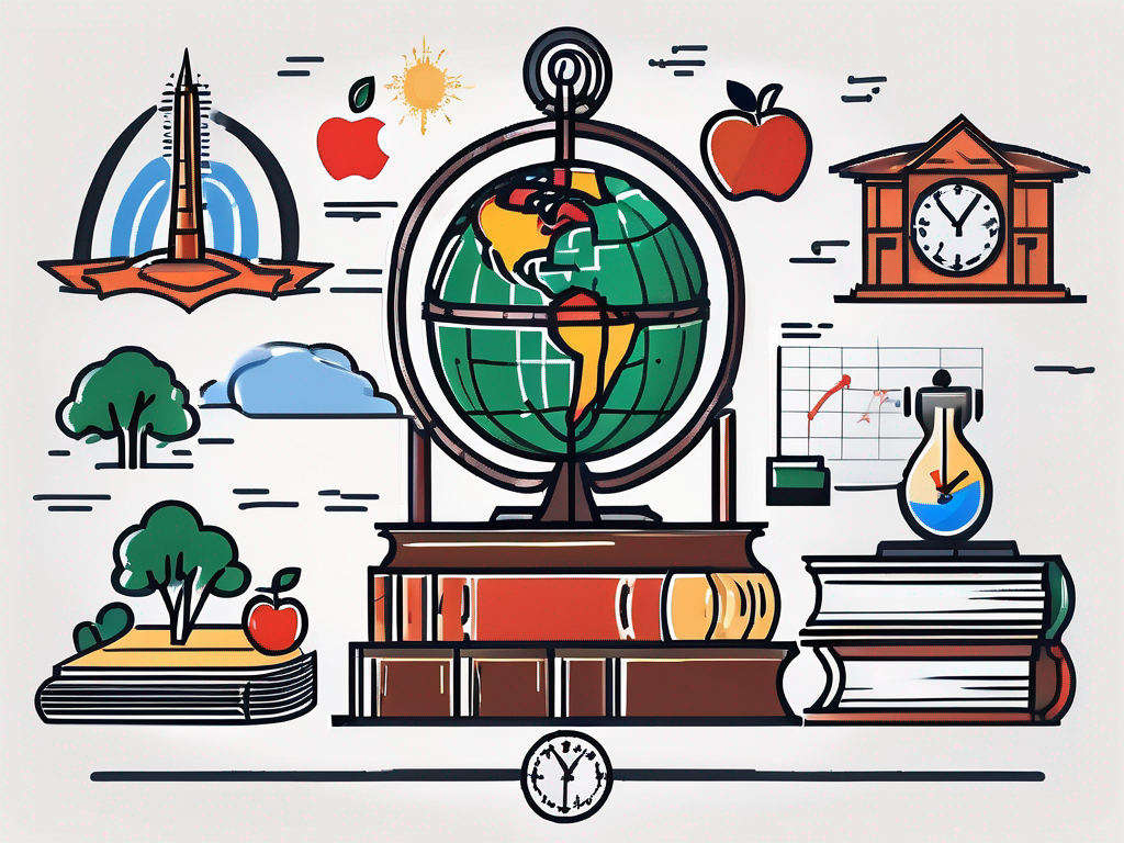 A thai school building with seven symbolic elements around it