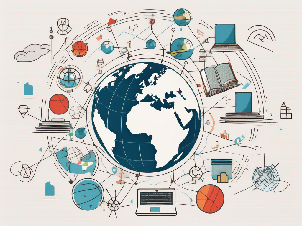 A globe with various school-related icons (like a book