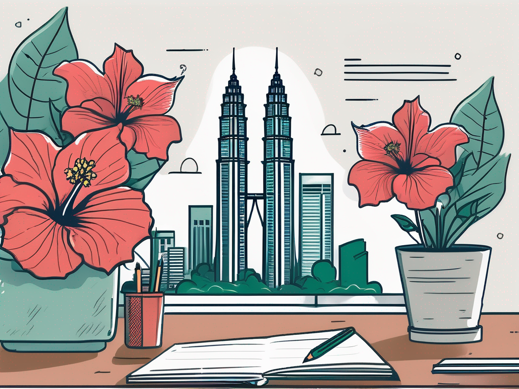 A teacher's desk with various symbols of malaysia such as the petronas towers and a hibiscus flower