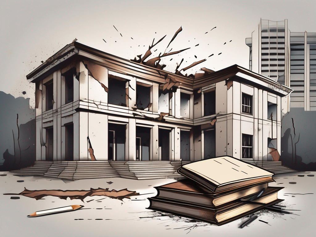 A crumbling school building with a broken pencil and a tattered book in the foreground