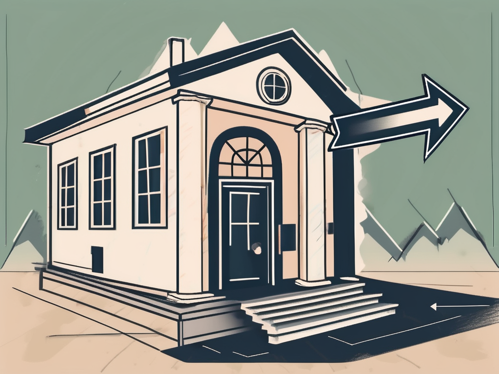 A traditional schoolhouse with a downward trending arrow indicating a decrease