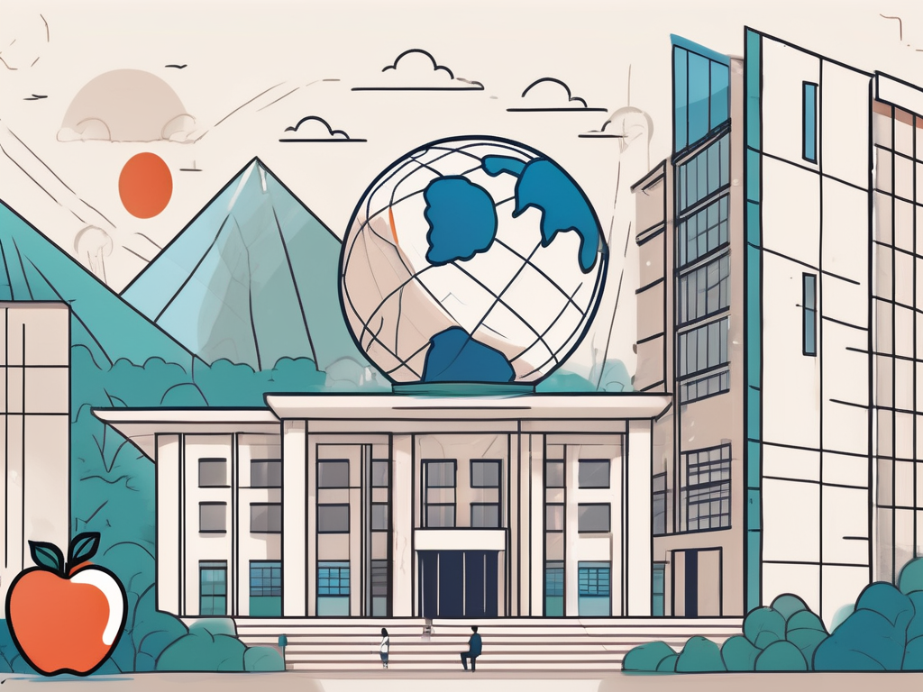A bustling international school campus in china with symbolic elements such as reddit's upvote/downvote icons