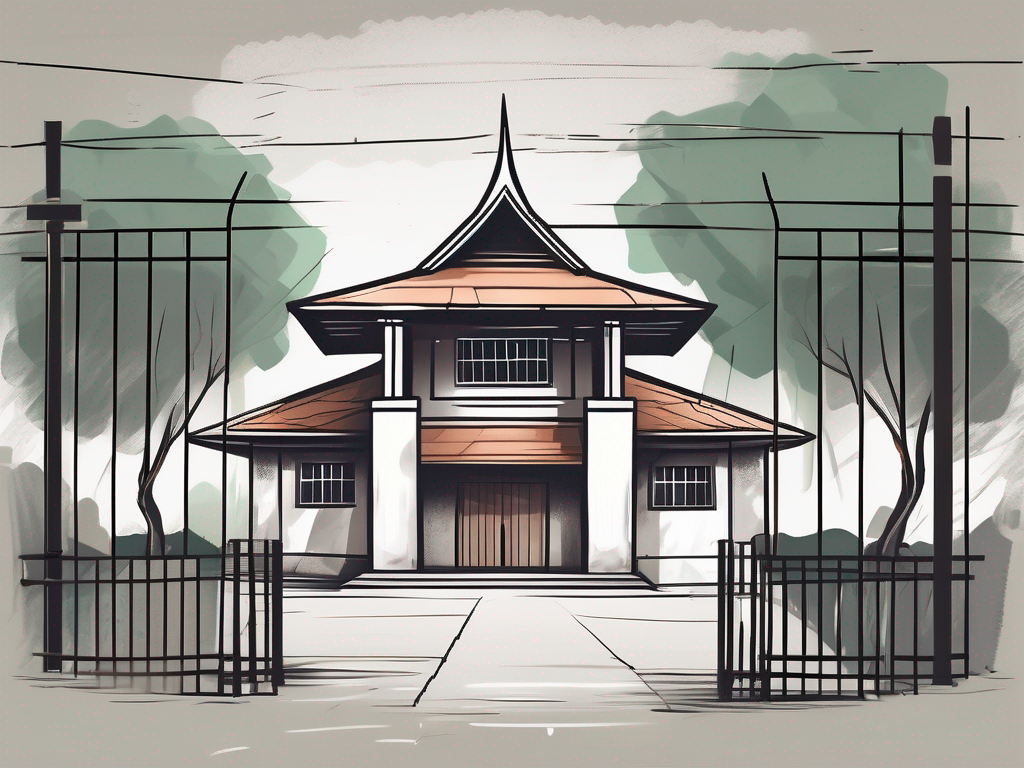 A traditional thai schoolhouse with visible barriers such as a broken bridge