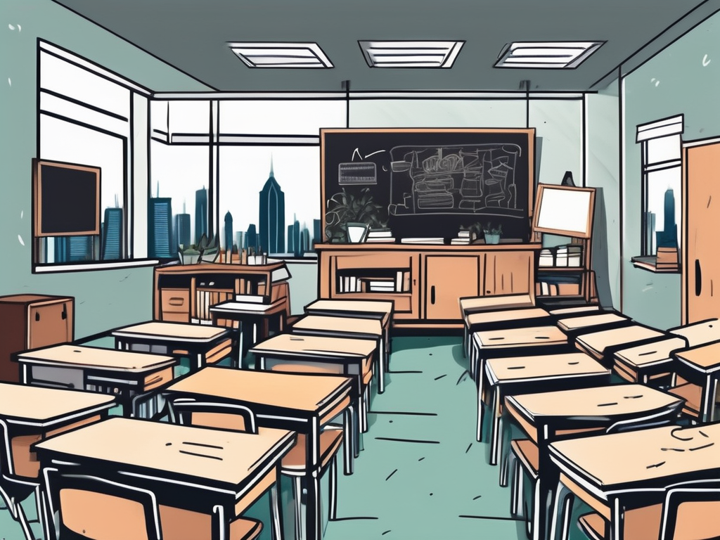 A cluttered classroom with mismatched furniture