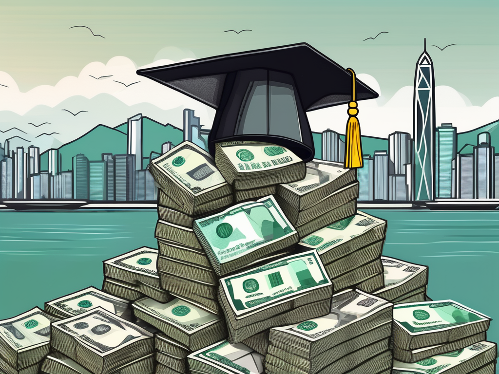 A graduation cap sitting on top of a stack of hong kong dollar bills