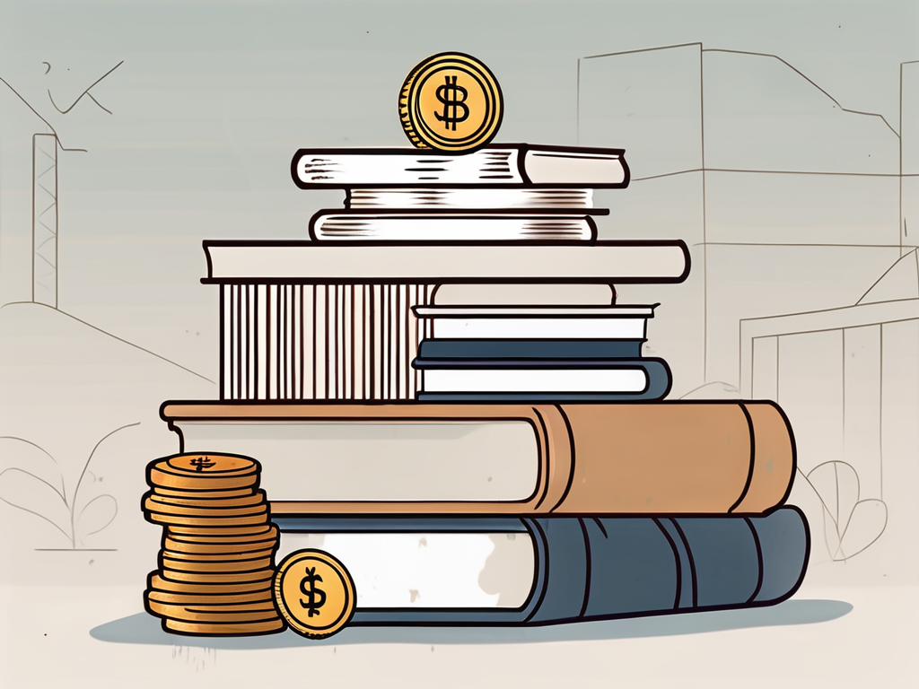 An international school building in malaysia with a symbolic scale balancing a stack of books (representing education) and a bag of coins (representing wages)