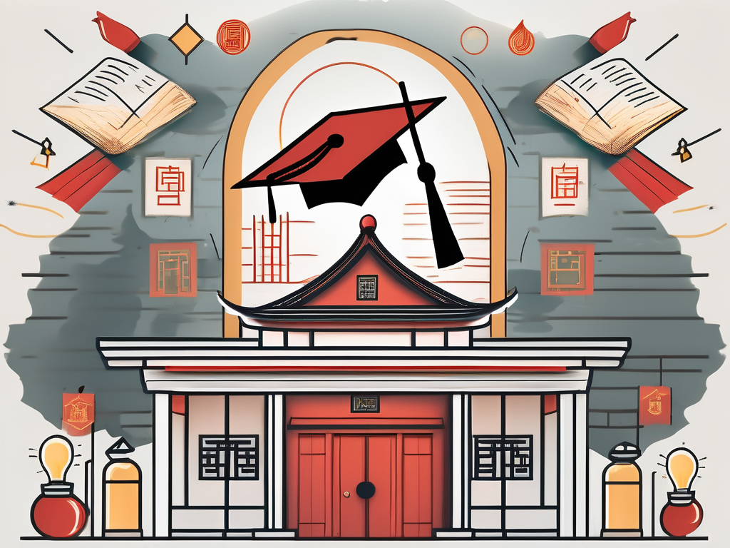A traditional chinese schoolhouse with a graduation cap on top