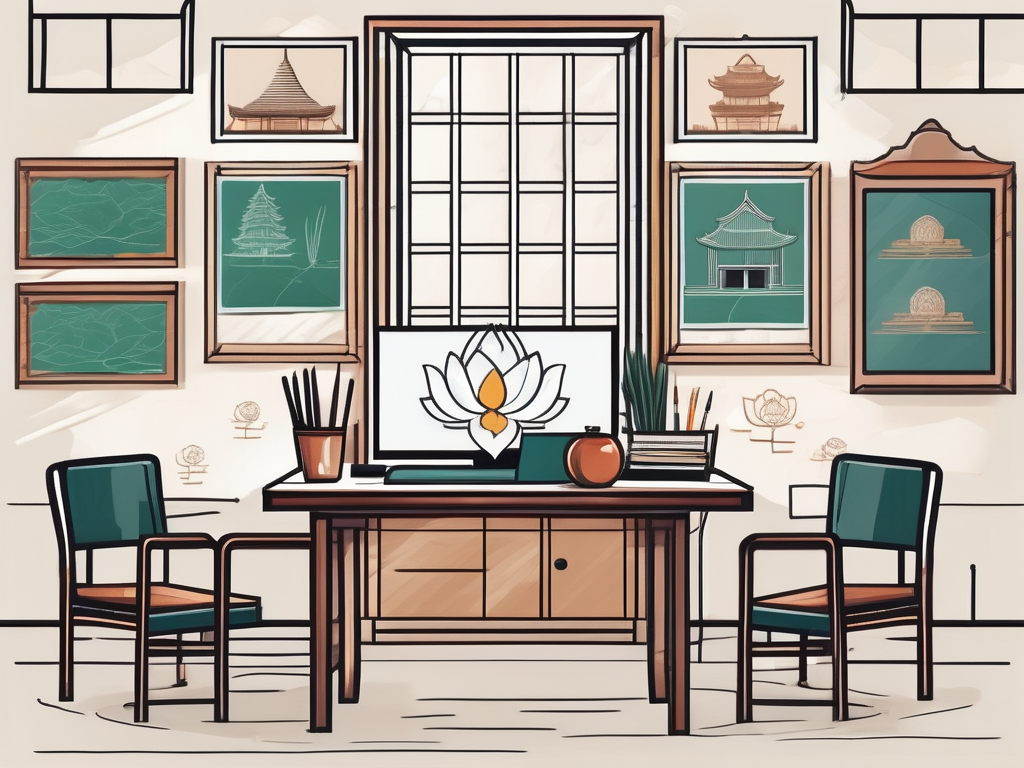 A classroom with a malaysian flag