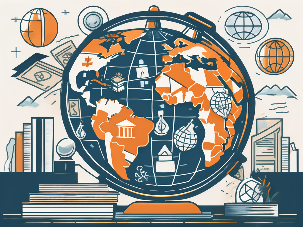 A globe with various educational symbols such as a graduation cap