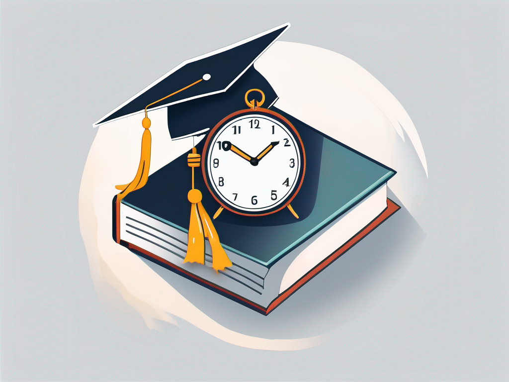 A clock intertwined with a graduation cap and a book