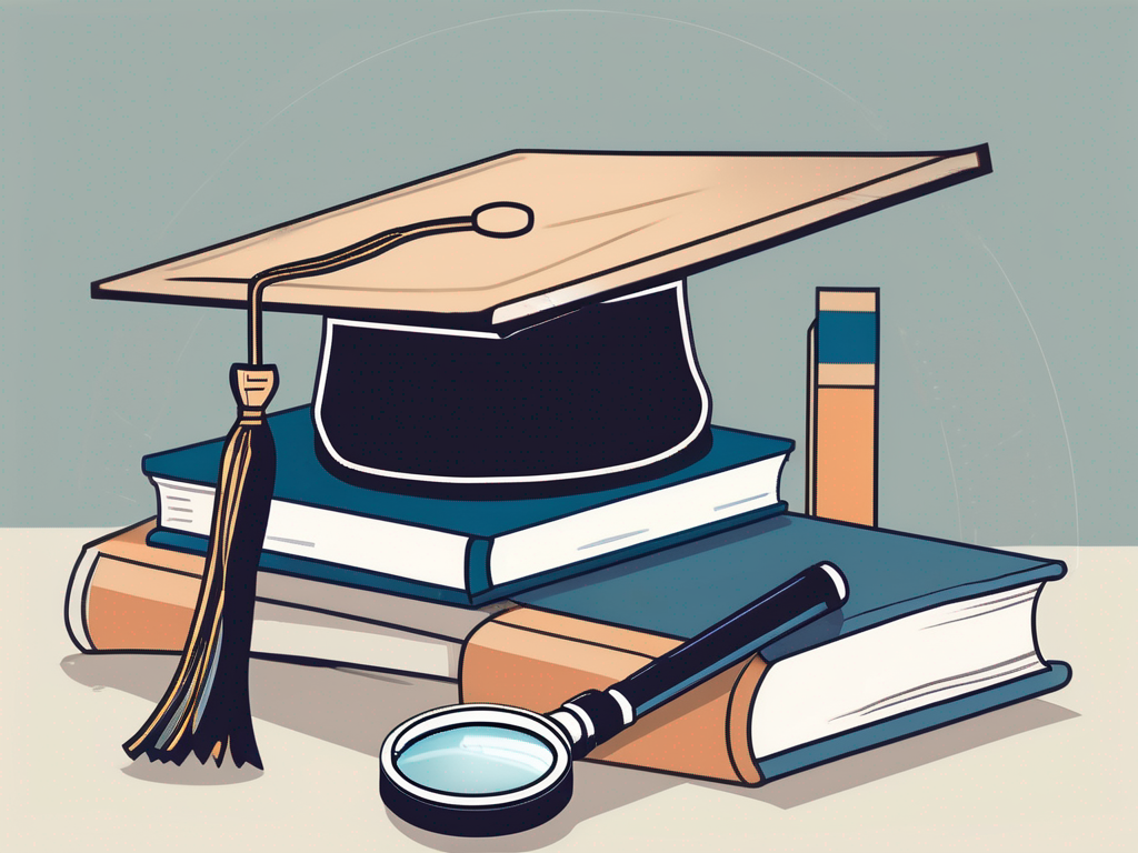 A stack of books on a desk with a graduation cap on top and a magnifying glass next to it