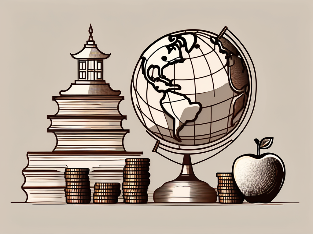 A traditional thai schoolhouse with a stack of coins increasing in size