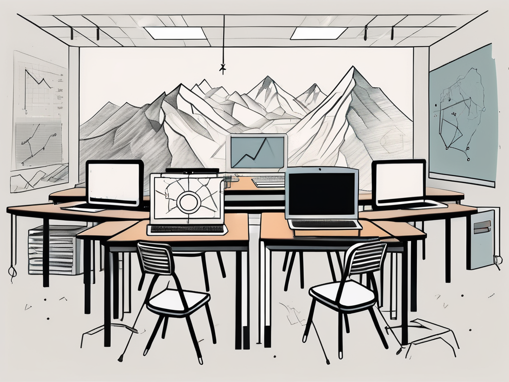 A classroom with various symbols representing the six challenges mentioned in the article