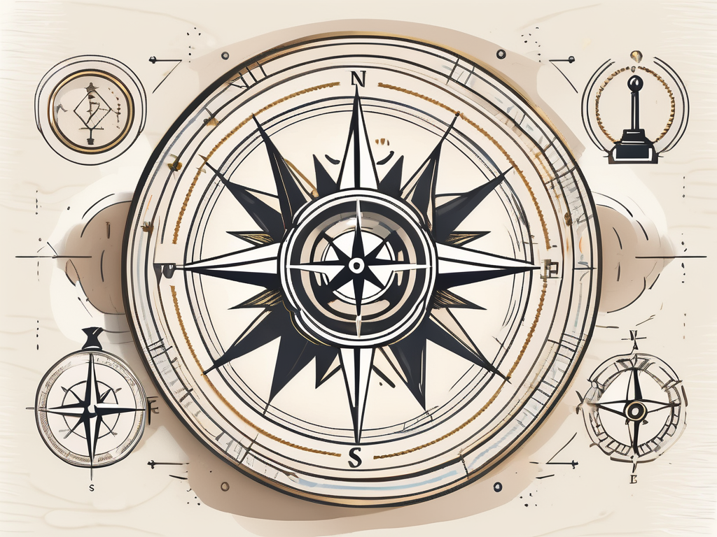 A compass surrounded by nine symbolic icons