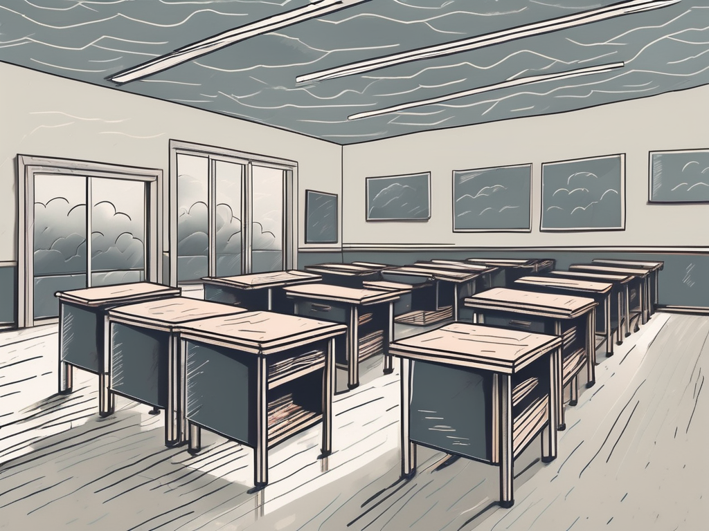 A classroom with seven empty desks out of ten