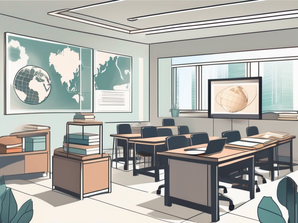 A modern classroom setting in singapore with diverse educational resources such as books