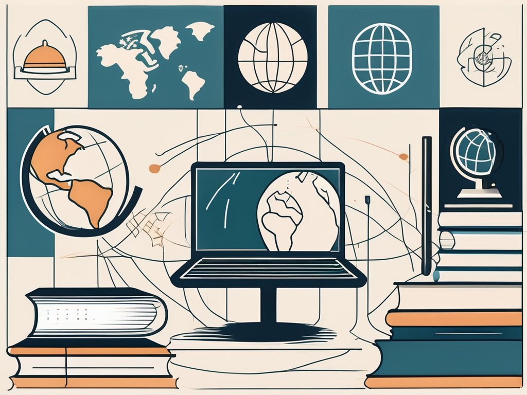 Seven different educational tools or symbols (like books