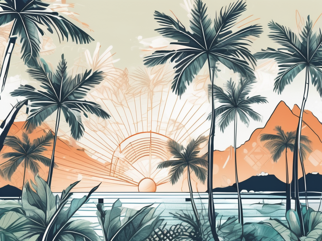 A tropical school campus with iconic fijian elements like palm trees and the ocean in the background
