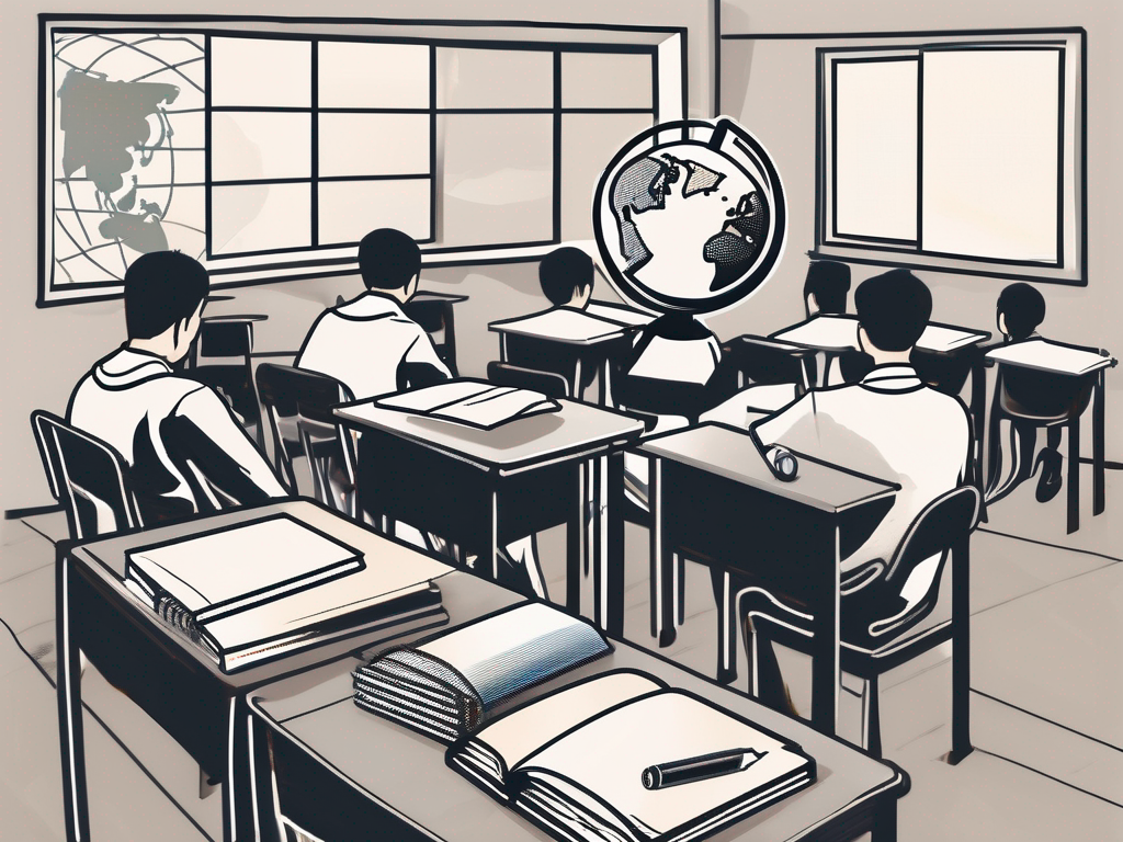 A classroom setting in thailand with various educational tools and elements that symbolize the challenges and strategies in teaching english as a second language