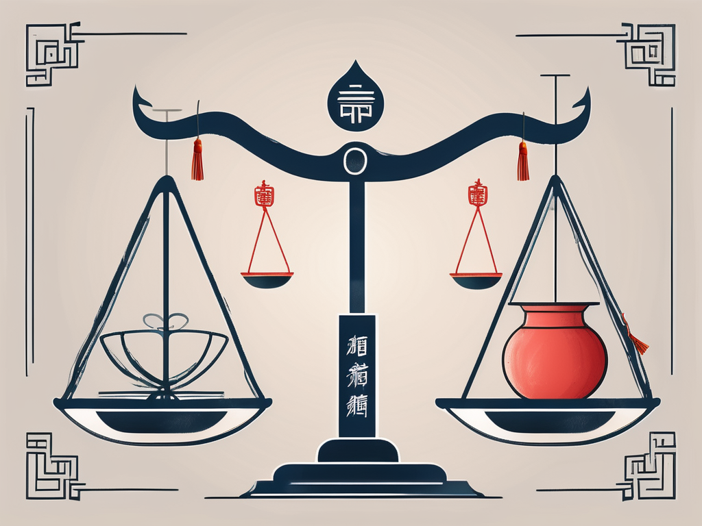 A balanced scale with graduation caps on one side and traditional chinese educational symbols on the other