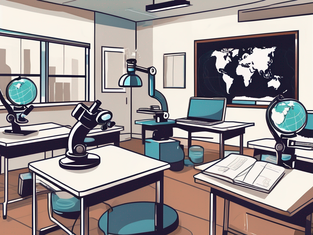 A classroom setting with a globe