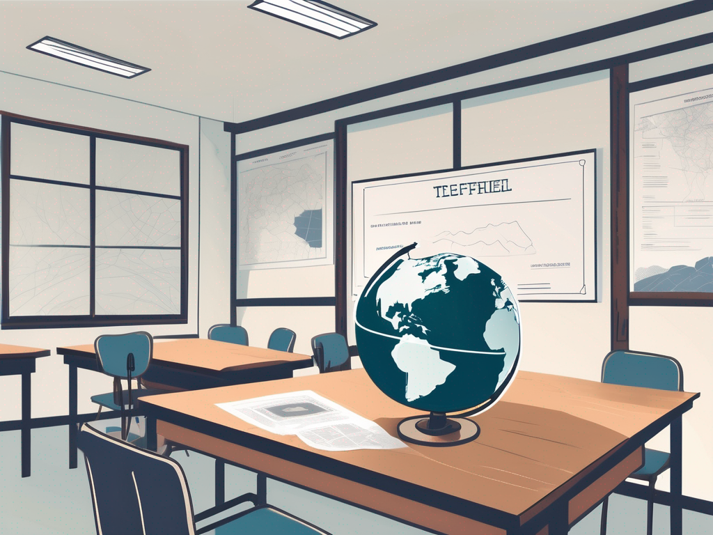 A classroom setting with a globe focusing on south korea