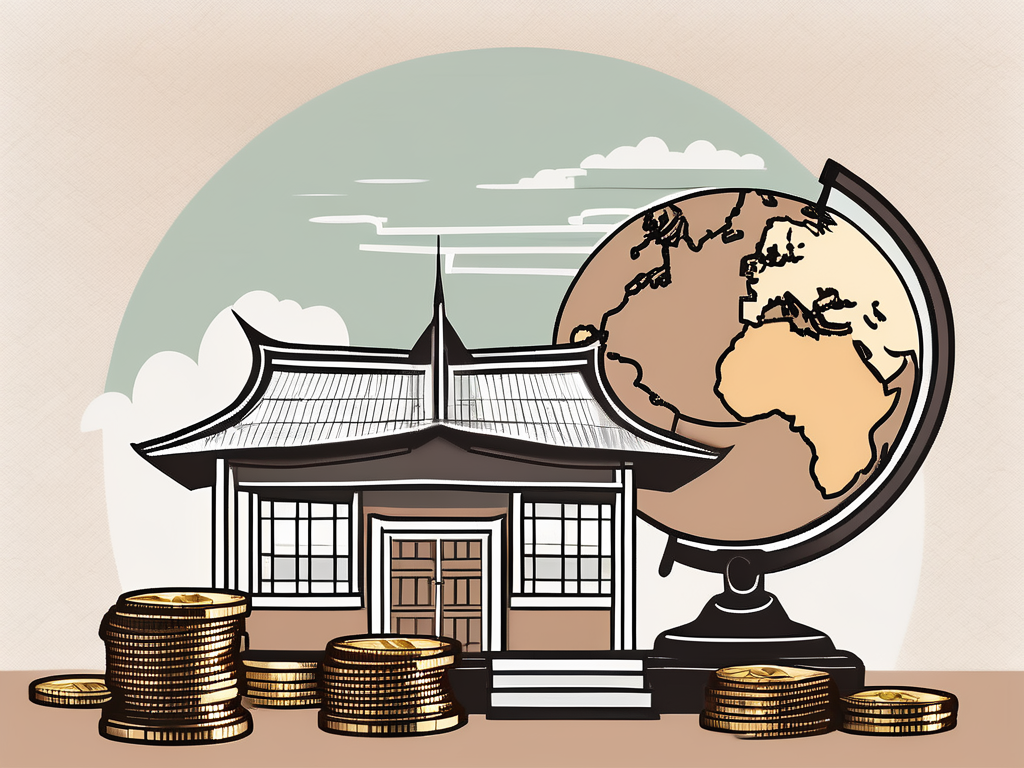 A traditional thai schoolhouse with a globe showcasing thailand and a stack of coins to represent pay