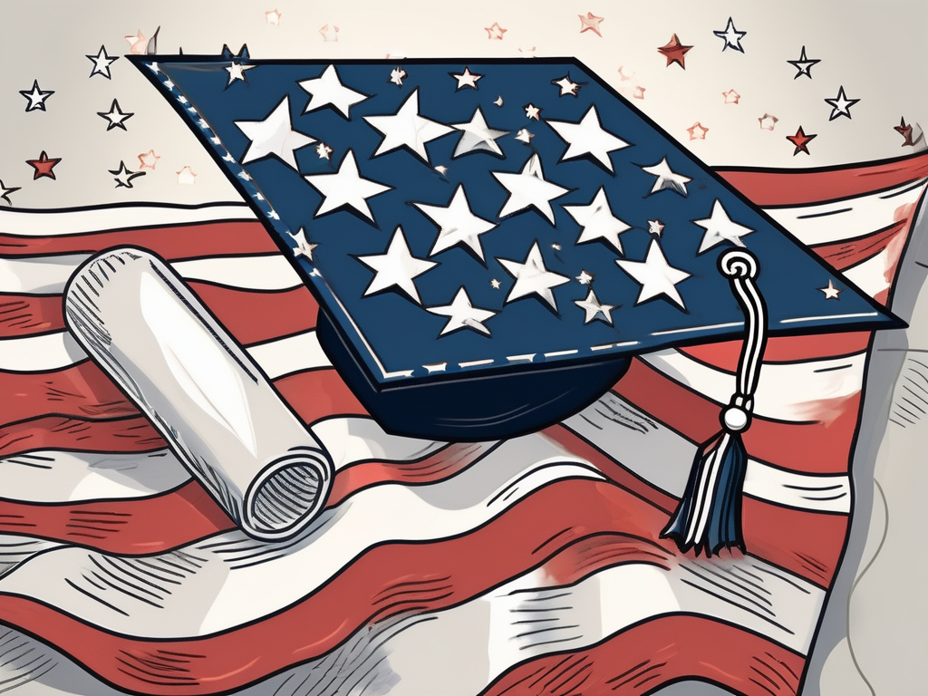 A graduation cap and diploma resting on top of an american flag