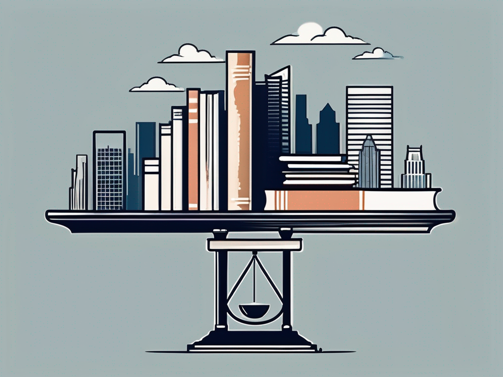 A balanced scale with books on one side and a city skyline on the other