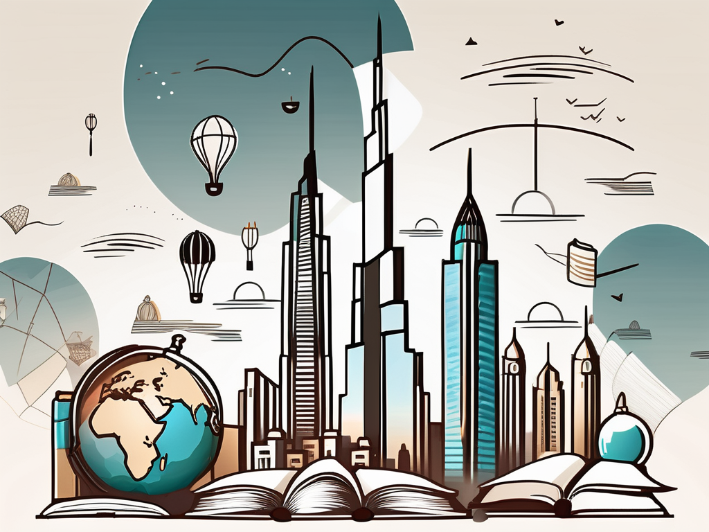Dubai's iconic skyline with various educational symbols like graduation caps