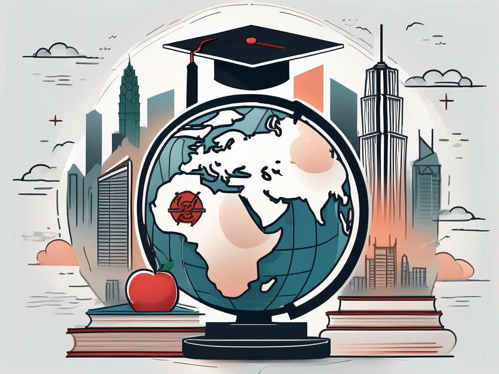 A globe with iconic hong kong landmarks like the skyline and a graduation cap