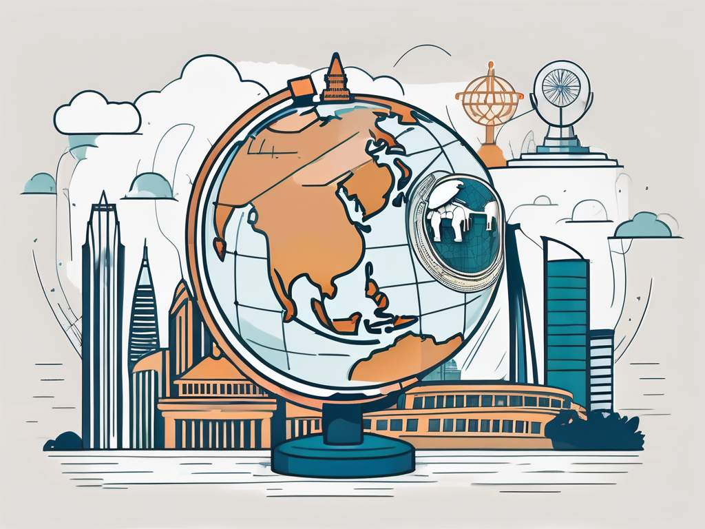 A globe with iconic singapore landmarks like the marina bay sands and the merlion