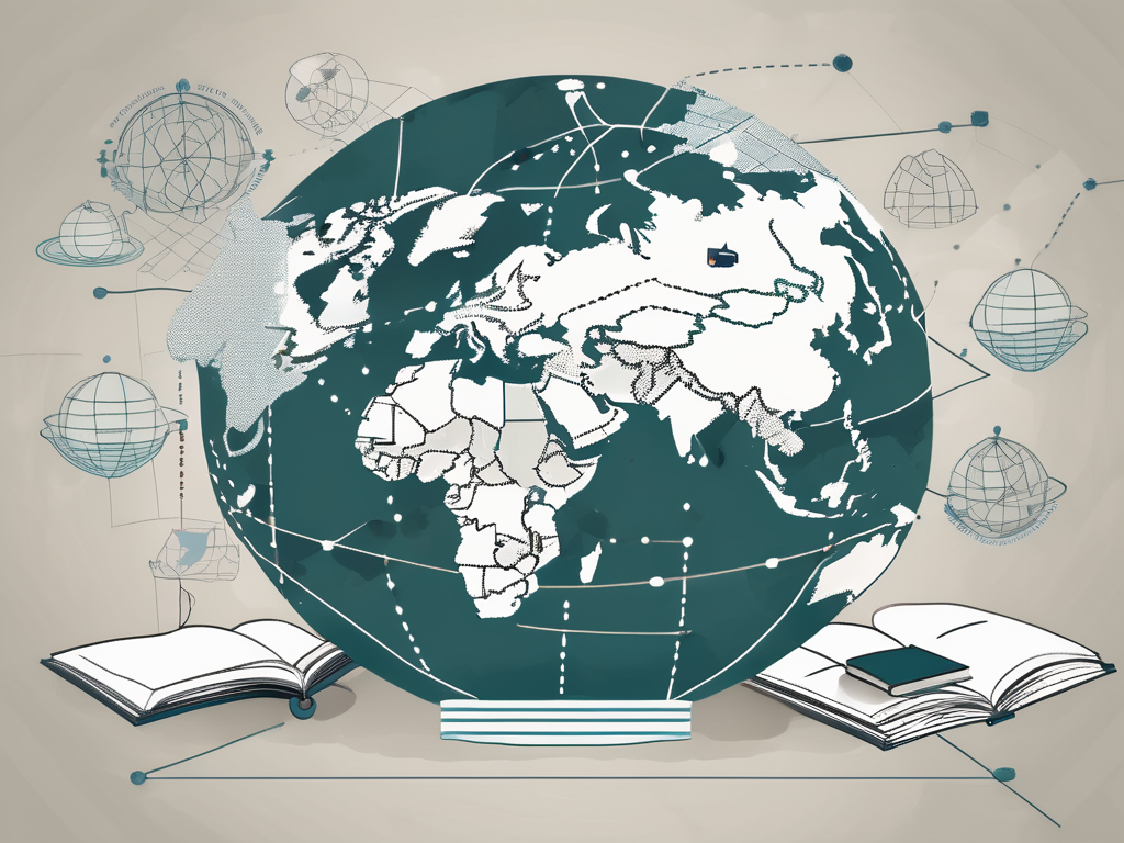 A globe with symbolic icons of education like a book
