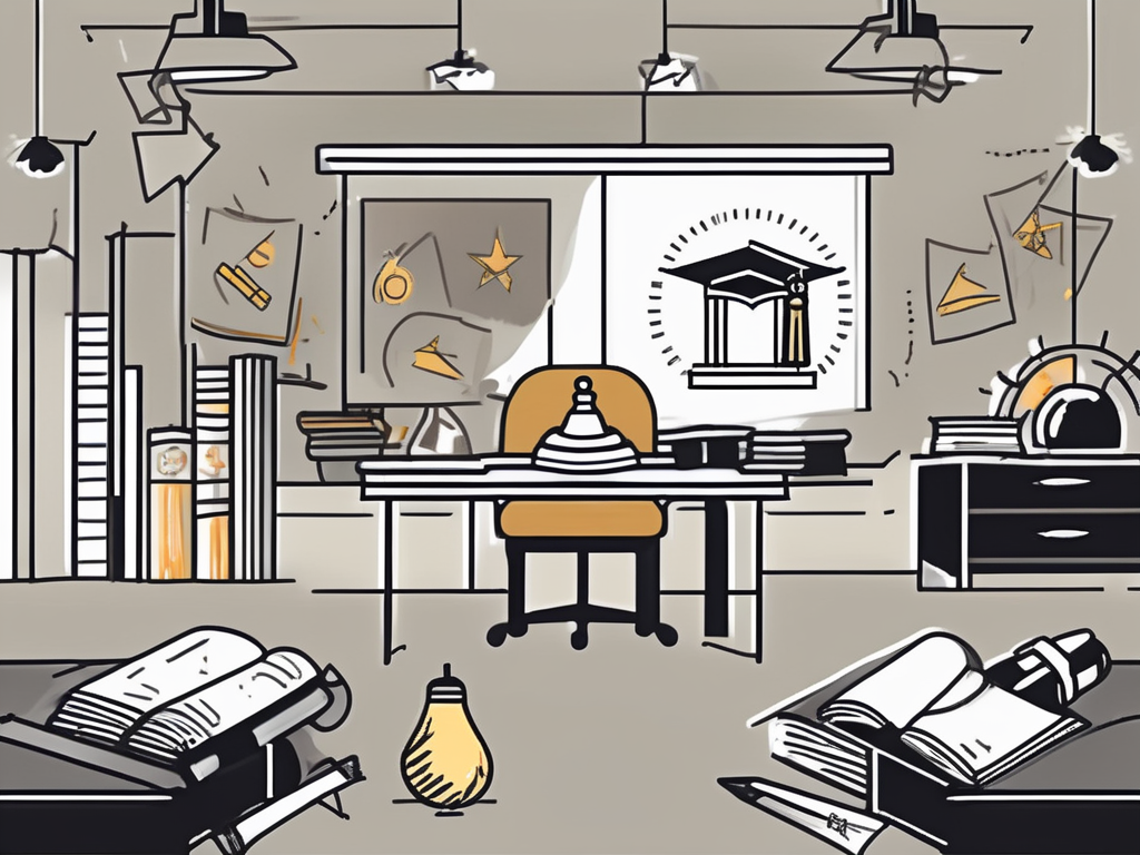 A classroom setting in hong kong with a teacher's desk displaying a graduation cap and a diploma