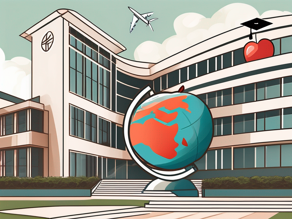 An international school building in macao with a symbolic airplane and a few teaching icons like an apple