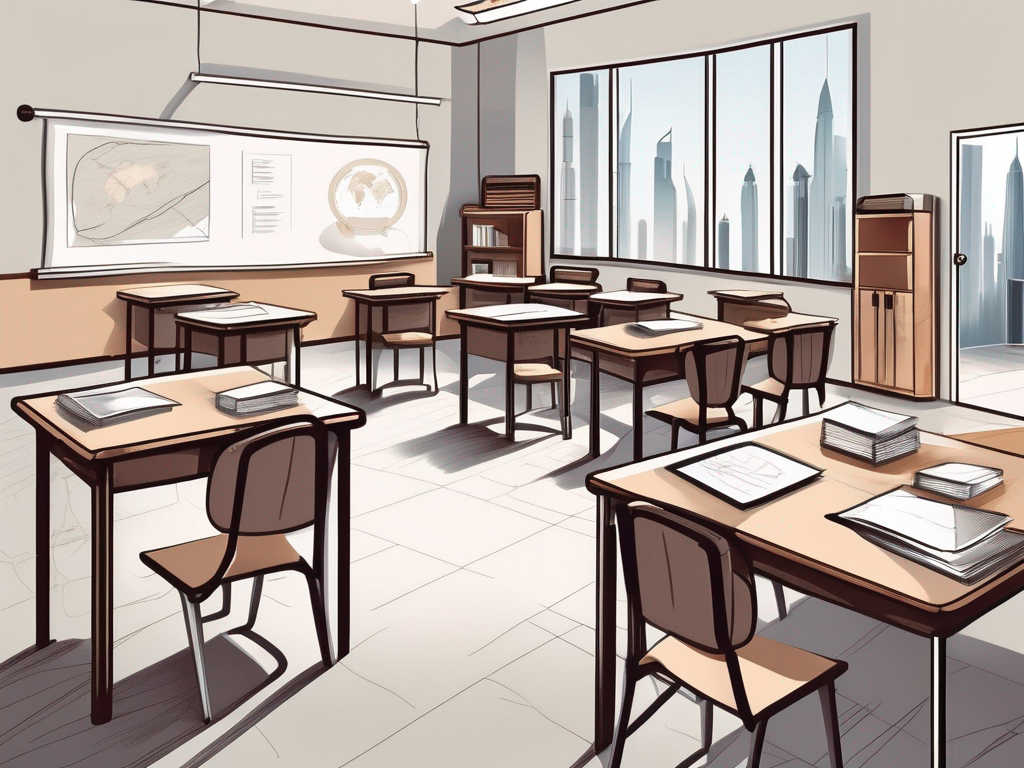 A classroom setting in dubai with various educational tools and policy documents