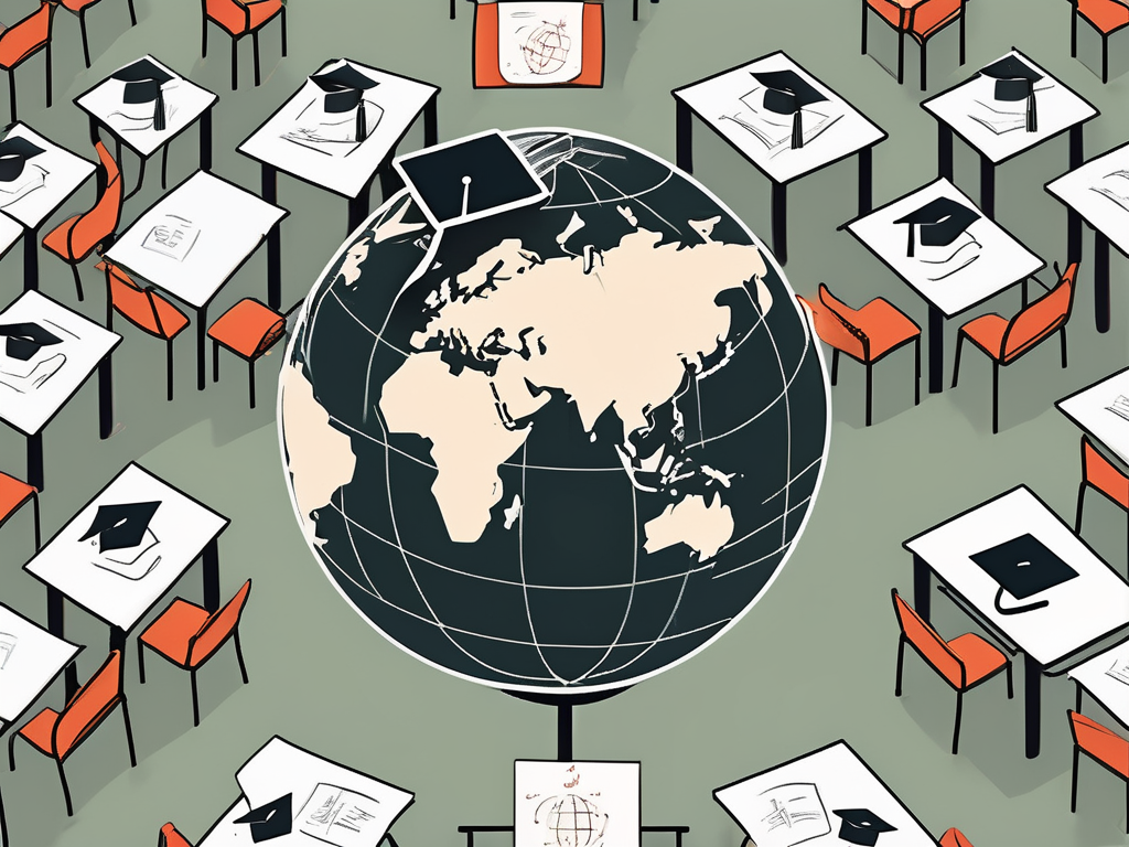 A classroom setting with empty desks and chairs