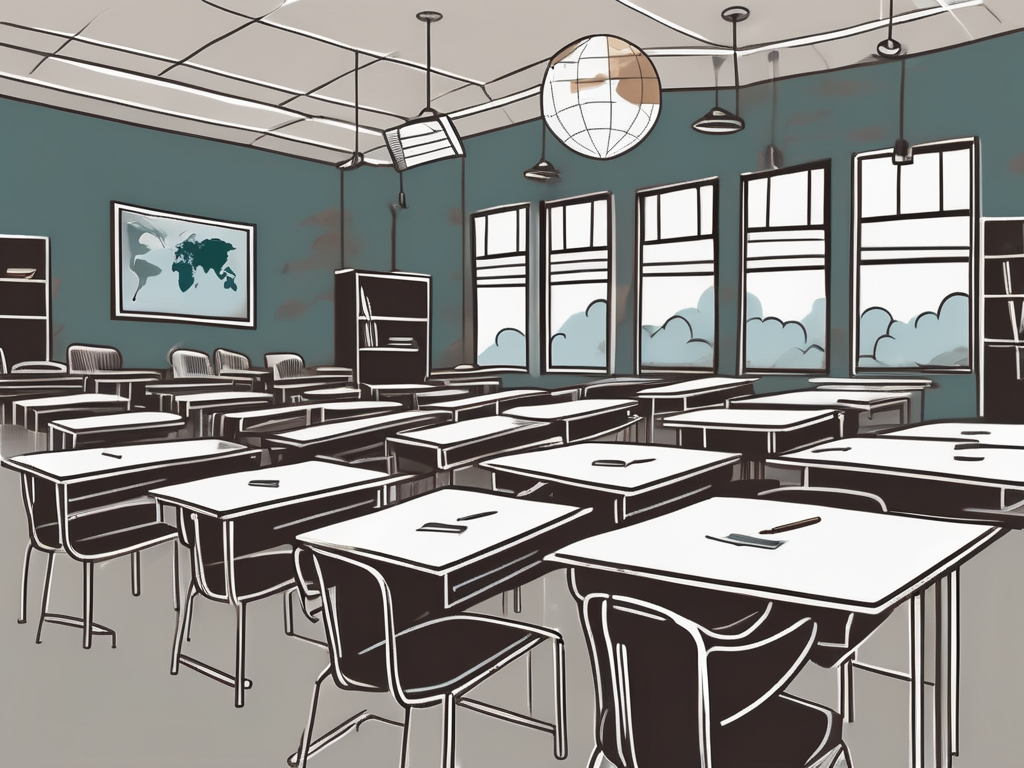 A classroom setting with empty chairs