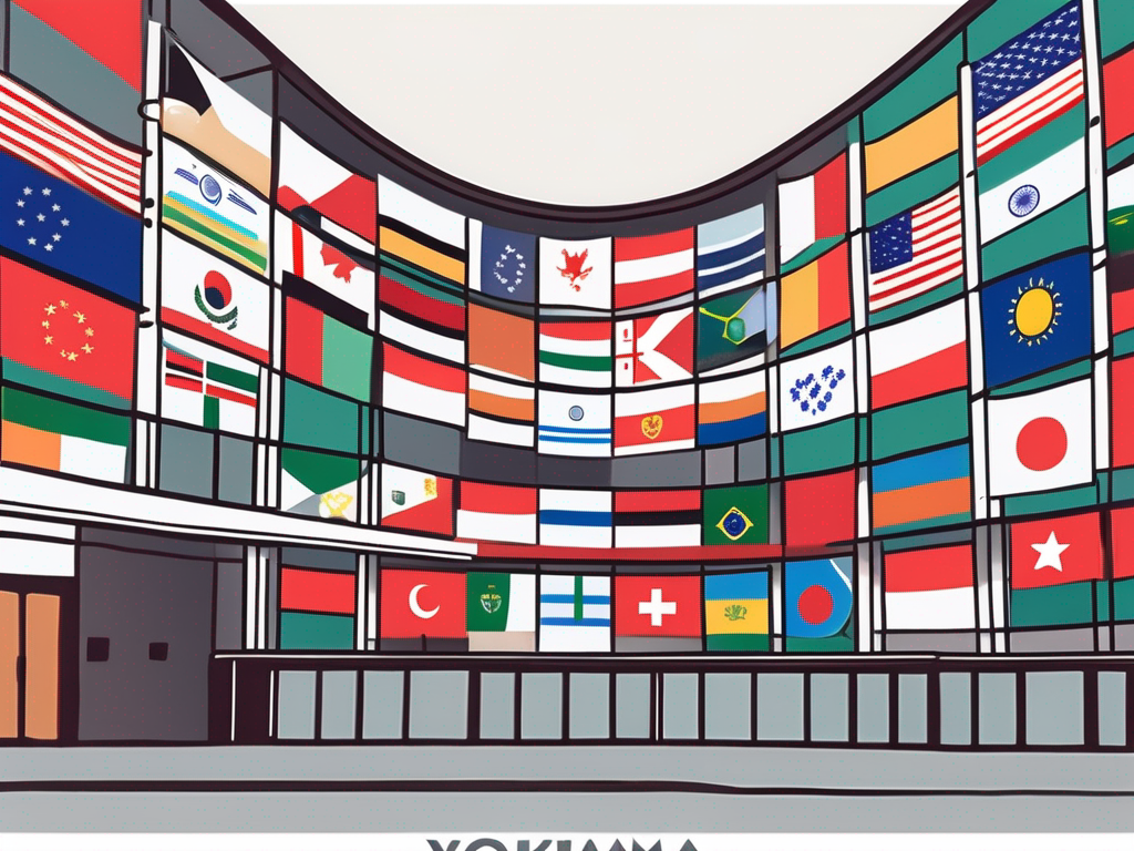 The yokohama international school building with a variety of international flags flying